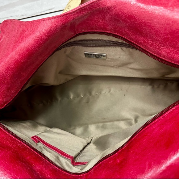 Plinio Visona Vibrant Pink Leather Shoulder Bag Red Suede Panel Large Hobo - Picture 2 of 16